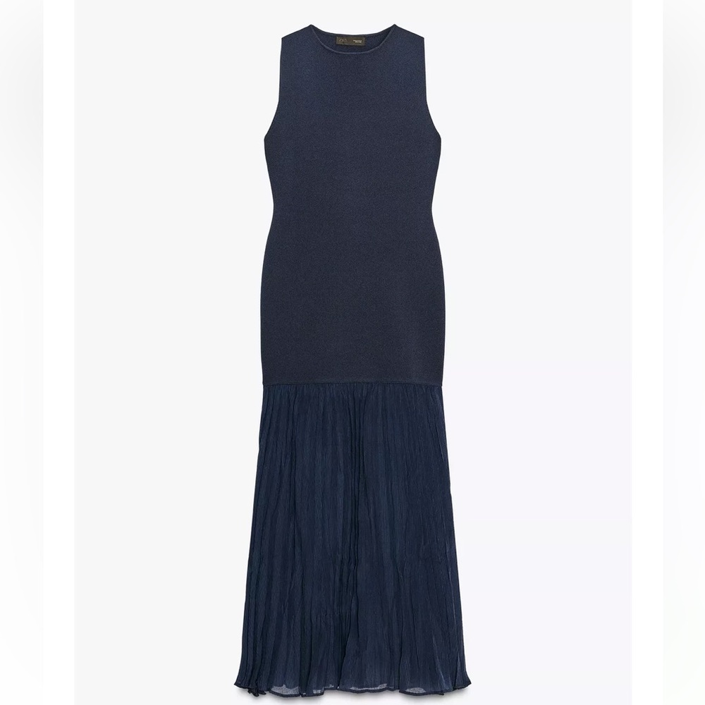Zara NWT navy blue midi drop waist contrast flowy hem midi dress stretchy